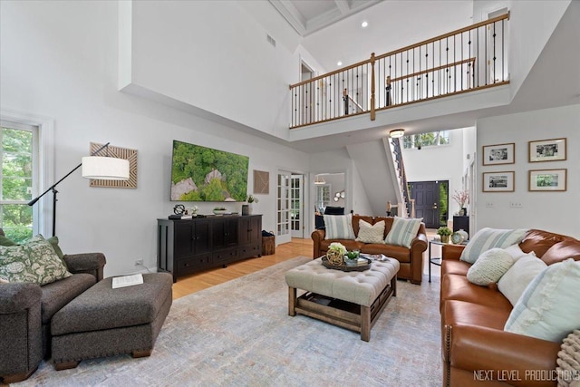 25660 N Countryside Dr, Lake Barrington, IL 60010 - living room featuring a towering ceiling, wood finished floors, and recessed lighting