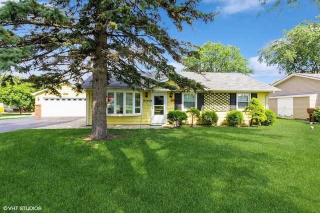 19705 Glennell Ave, Mokena, IL 60448 - ranch-style home with a front yard, driveway, an attached garage, and a storage unit