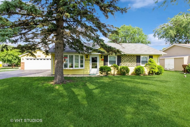 19705 Glennell Ave, Mokena, IL 60448 - single story home with a front lawn, driveway, an attached garage, and a storage unit