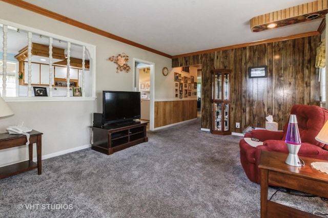 19705 Glennell Ave, Mokena, IL 60448 - living room with wood walls, crown molding, and carpet flooring