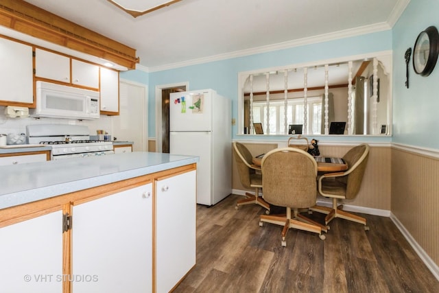 19705 Glennell Ave, Mokena, IL 60448 - kitchen featuring white appliances, dark wood-style floors, ornamental molding, light countertops, and white cabinetry