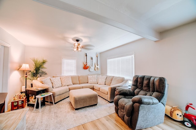 240 E 3rd Ave, Clifton, IL 60927 - living area with wood finished floors, healthy amount of natural light, a ceiling fan, and beamed ceiling