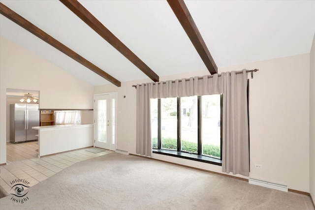 7235 174th Pl, Tinley Park, IL 60477 - unfurnished living room featuring beam ceiling, healthy amount of natural light, high vaulted ceiling, a ceiling fan, and light carpet
