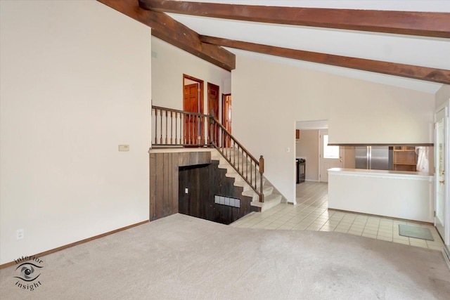 7235 174th Pl, Tinley Park, IL 60477 - unfurnished living room with stairs, tile patterned floors, and carpet floors