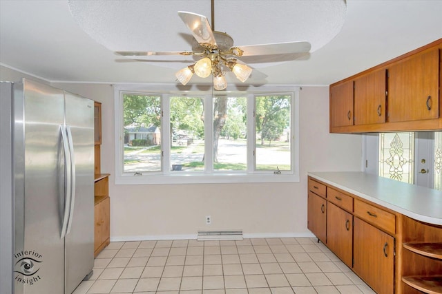 7235 174th Pl, Tinley Park, IL 60477 - kitchen featuring freestanding refrigerator, light countertops, ceiling fan, and healthy amount of natural light