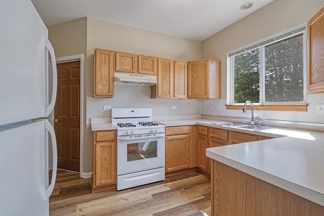 2559 Lincoln Park Ct Unit 2559, Crest Hill, IL 60403 - kitchen featuring white appliances, under cabinet range hood, light wood finished floors, and light countertops