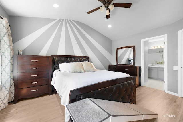 1261 River Ash Ct, Bartlett, IL 60103 - bedroom featuring light wood-style flooring, vaulted ceiling, recessed lighting, connected bathroom, and a ceiling fan