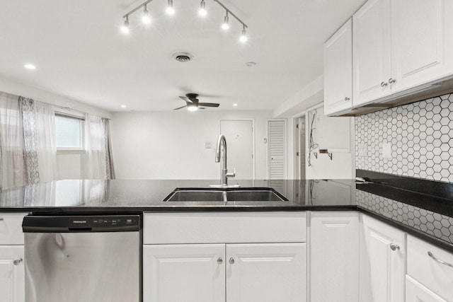 9445 W Kelvin Ln Unit 2992, Schiller Park, IL 60176 - kitchen featuring stainless steel dishwasher, a ceiling fan, white cabinetry, backsplash, and recessed lighting