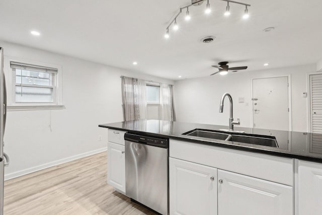 9445 W Kelvin Ln Unit 2992, Schiller Park, IL 60176 - kitchen with dishwasher, white cabinets, ceiling fan, recessed lighting, and light wood finished floors