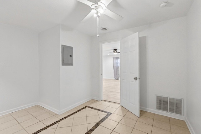9445 W Kelvin Ln Unit 2992, Schiller Park, IL 60176 - empty room with electric panel, ceiling fan, a smoke detector, and light tile patterned floors