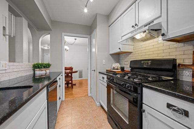 29W440 Emerald Green Dr Unit 25-F, Warrenville, IL 60555 - kitchen featuring black range with gas cooktop, under cabinet range hood, stainless steel dishwasher, decorative backsplash, and white cabinets