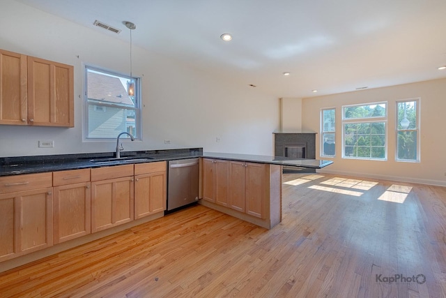 2318 S Central Park Ave Unit 101, Chicago, IL 60623 - kitchen featuring stainless steel dishwasher, light wood-style floors, open floor plan, a peninsula, and light brown cabinetry