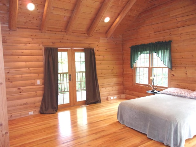 26901 W Burkhart Ln, Ingleside, IL 60041 - bedroom featuring access to exterior, multiple windows, light wood finished floors, wooden walls, and wooden ceiling