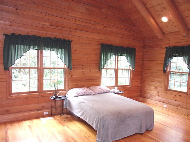 26901 W Burkhart Ln, Ingleside, IL 60041 - bedroom featuring multiple windows, wooden ceiling, light wood-type flooring, and wood walls