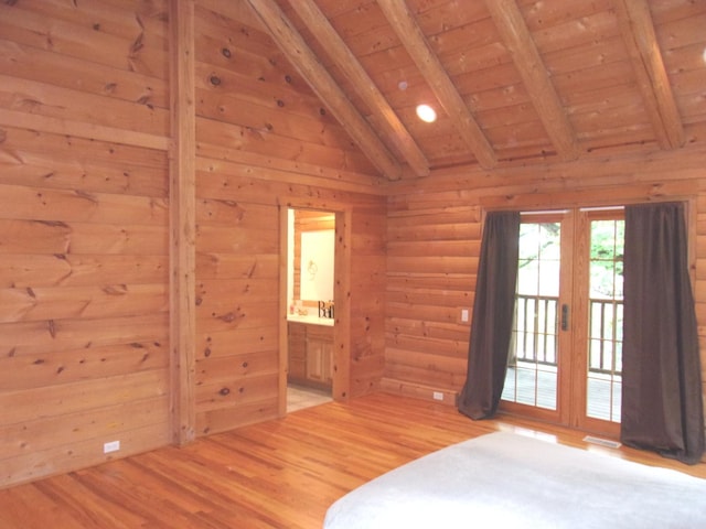 26901 W Burkhart Ln, Ingleside, IL 60041 - unfurnished bedroom with wood ceiling, wood finished floors, access to exterior, connected bathroom, and wooden walls