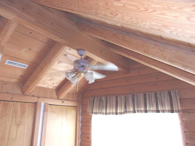 26901 W Burkhart Ln, Ingleside, IL 60041 - detailed view of wood walls, ceiling fan, and a wooden ceiling with exposed beams