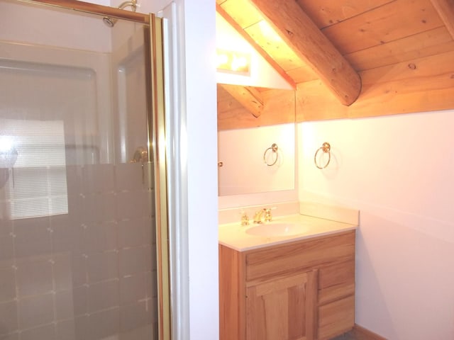 26901 W Burkhart Ln, Ingleside, IL 60041 - full bathroom featuring a stall shower, vanity, and beamed ceiling