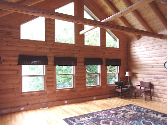 26901 W Burkhart Ln, Ingleside, IL 60041 - living area with wood finished floors, a wood ceiling with exposed beams, high vaulted ceiling, and plenty of natural light