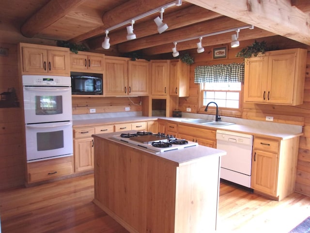 26901 W Burkhart Ln, Ingleside, IL 60041 - kitchen featuring track lighting, white appliances, light wood-style floors, light countertops, and beam ceiling