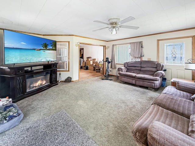 401 S Chestnut St, Shannon, IL 61078 - carpeted living area with ceiling fan, crown molding, and a glass covered fireplace