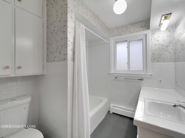 513 Chaney Ave, Crest Hill, IL 60403 - bathroom with a baseboard radiator, wallpapered walls, tile walls, a wainscoted wall, and shower / tub combo with curtain