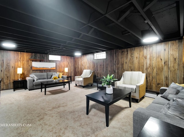 513 Chaney Ave, Crest Hill, IL 60403 - basement featuring wood walls, carpet floors, and a baseboard heating unit