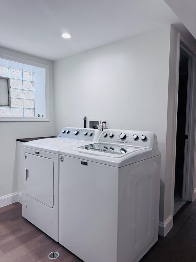 7253 S Marshfield Ave, Chicago, IL 60636 - washroom with washing machine and dryer, dark wood finished floors, and recessed lighting