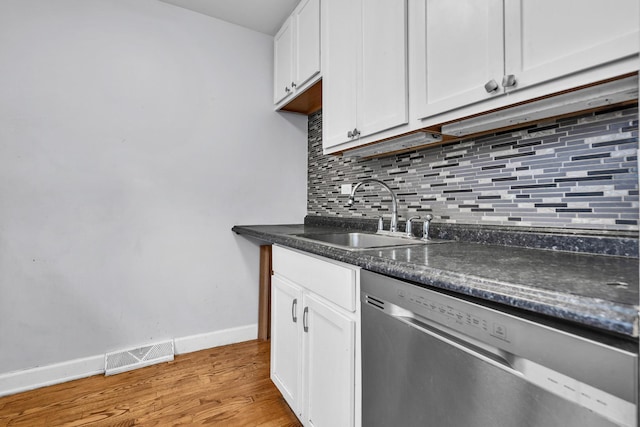 2059 Pine St Unit D, Des Plaines, IL 60018 - kitchen with stainless steel dishwasher, light wood-style floors, tasteful backsplash, and white cabinets