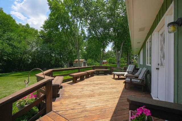 10S125 Springbrook Dr, Naperville, IL 60565 - wooden terrace featuring a storage shed, a yard, and view of scattered trees