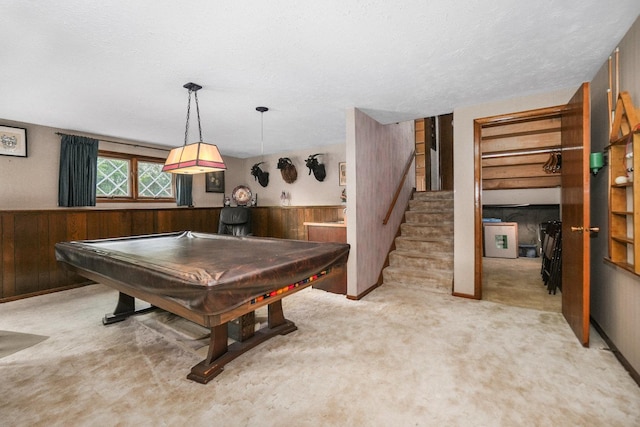 10S125 Springbrook Dr, Naperville, IL 60565 - game room with wooden walls, billiards, carpet flooring, a wainscoted wall, and a textured ceiling