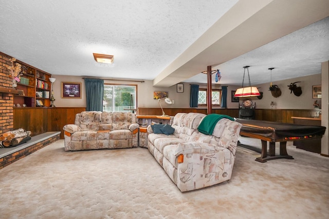 10S125 Springbrook Dr, Naperville, IL 60565 - living area with a textured ceiling, carpet floors, a wainscoted wall, wooden walls, and billiards