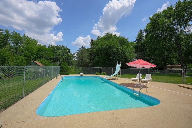 10S125 Springbrook Dr, Naperville, IL 60565 - view of pool with a patio area, a diving board, a water slide, and view of scattered trees