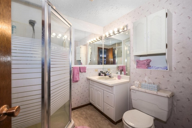 10S125 Springbrook Dr, Naperville, IL 60565 - bathroom featuring wallpapered walls, vanity, a shower stall, and a textured ceiling