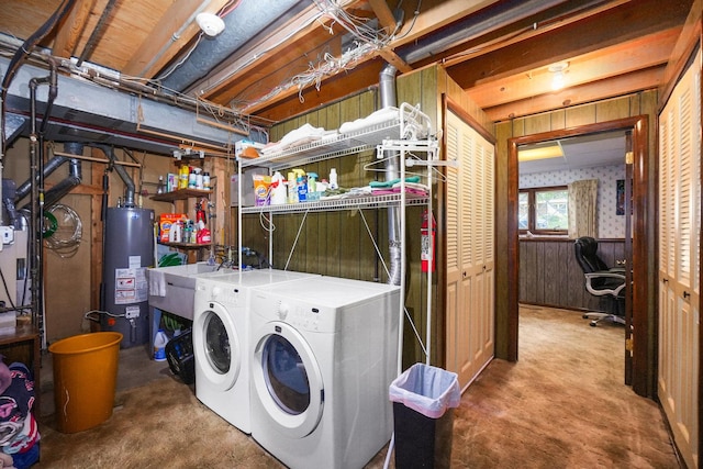 10S125 Springbrook Dr, Naperville, IL 60565 - laundry area featuring washer and dryer, water heater, an office area, and wooden walls