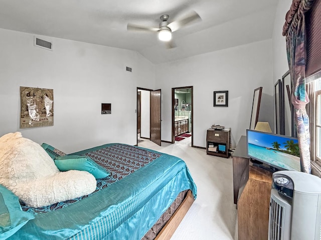 1607 Parkside Ct, Freeport, IL 61032 - bedroom featuring light colored carpet, vaulted ceiling, and ceiling fan