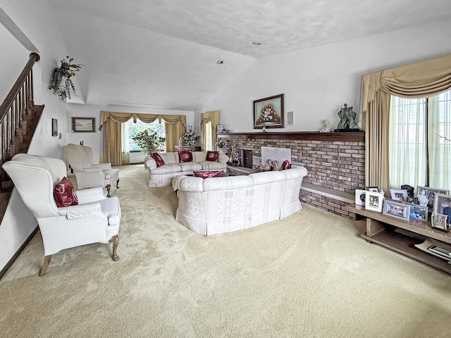 1607 Parkside Ct, Freeport, IL 61032 - living room featuring carpet floors, lofted ceiling, and stairs