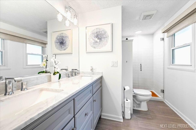 636 Cambridge Dr, Schaumburg, IL 60193 - full bath featuring a textured ceiling, double vanity, a stall shower, and wood finished floors