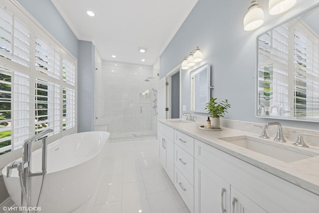 1604 Burr Ridge Clb, Burr Ridge, IL 60527 - bathroom with a stall shower, tile patterned floors, ornamental molding, a freestanding tub, and double vanity