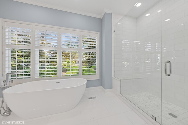 1604 Burr Ridge Clb, Burr Ridge, IL 60527 - full bath featuring a freestanding bath, a shower stall, ornamental molding, and tile patterned floors