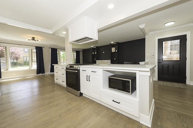 5848 N Drake Ave, Chicago, IL 60659 - kitchen with stainless steel gas stove, crown molding, light wood-type flooring, white cabinetry, and recessed lighting