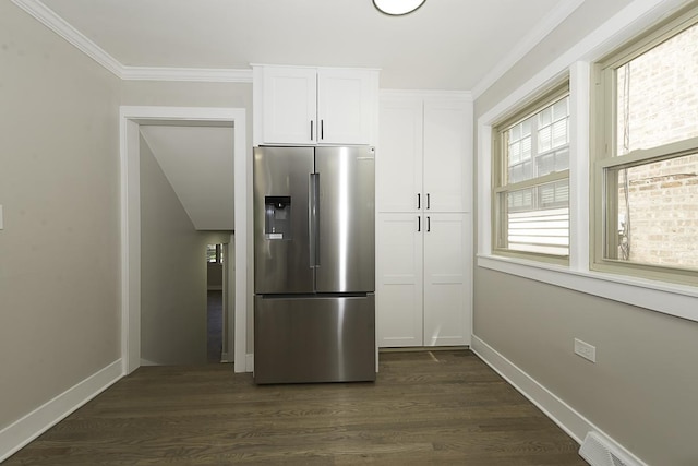 5848 N Drake Ave, Chicago, IL 60659 - kitchen featuring stainless steel fridge with ice dispenser, white cabinetry, dark wood-style floors, and crown molding
