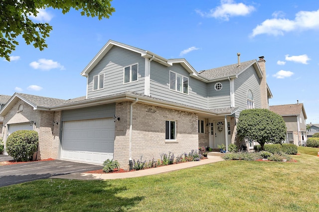 8378 Dunmore Dr, Tinley Park, IL 60487 - traditional-style home featuring brick siding, a front yard, a chimney, asphalt driveway, and an attached garage