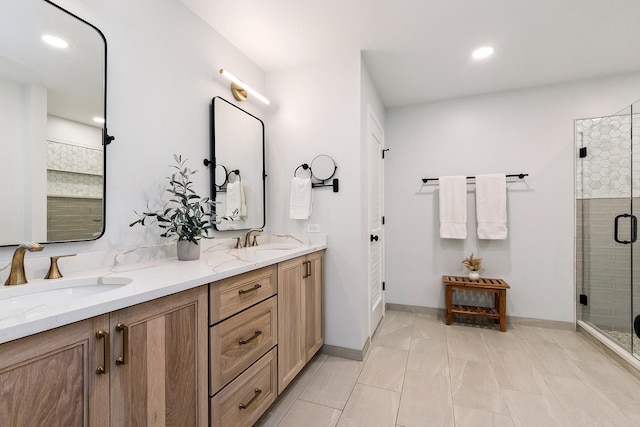 8378 Dunmore Dr, Tinley Park, IL 60487 - full bathroom with double vanity, a shower stall, and recessed lighting