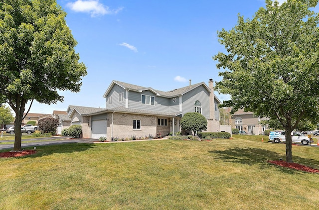8378 Dunmore Dr, Tinley Park, IL 60487 - traditional-style home featuring brick siding, a chimney, a front lawn, and driveway
