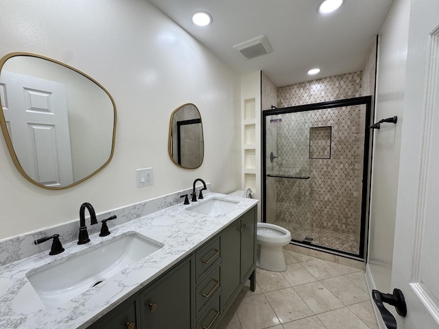 19W286 Governors Trl Unit 0, Oak Brook, IL 60523 - full bath featuring double vanity, a shower stall, tile patterned floors, and recessed lighting