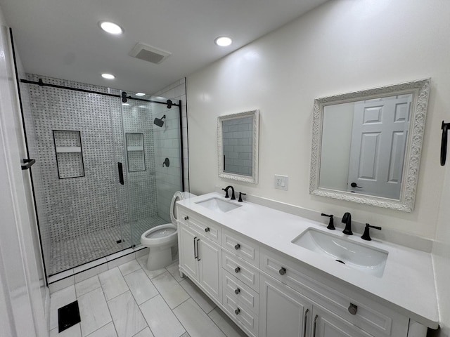 19W286 Governors Trl Unit 0, Oak Brook, IL 60523 - bathroom featuring double vanity, a stall shower, and recessed lighting