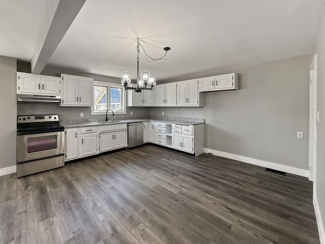 309 W S St, Pearl City, IL 61062 - kitchen featuring stainless steel appliances, under cabinet range hood, dark wood-style floors, white cabinetry, and beamed ceiling