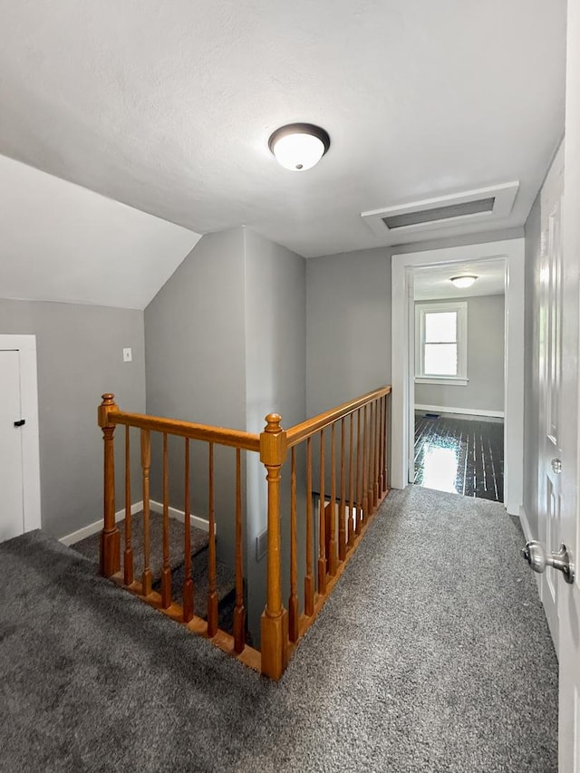 309 W S St, Pearl City, IL 61062 - hall featuring an upstairs landing, carpet flooring, and vaulted ceiling