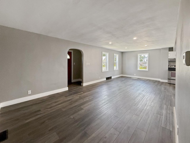 309 W S St, Pearl City, IL 61062 - empty room featuring dark wood finished floors, arched walkways, and recessed lighting