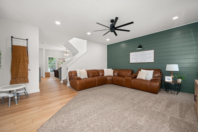 203 Stearn Dr, Genoa, IL 60135 - living room featuring ceiling fan, light wood-style floors, and recessed lighting
